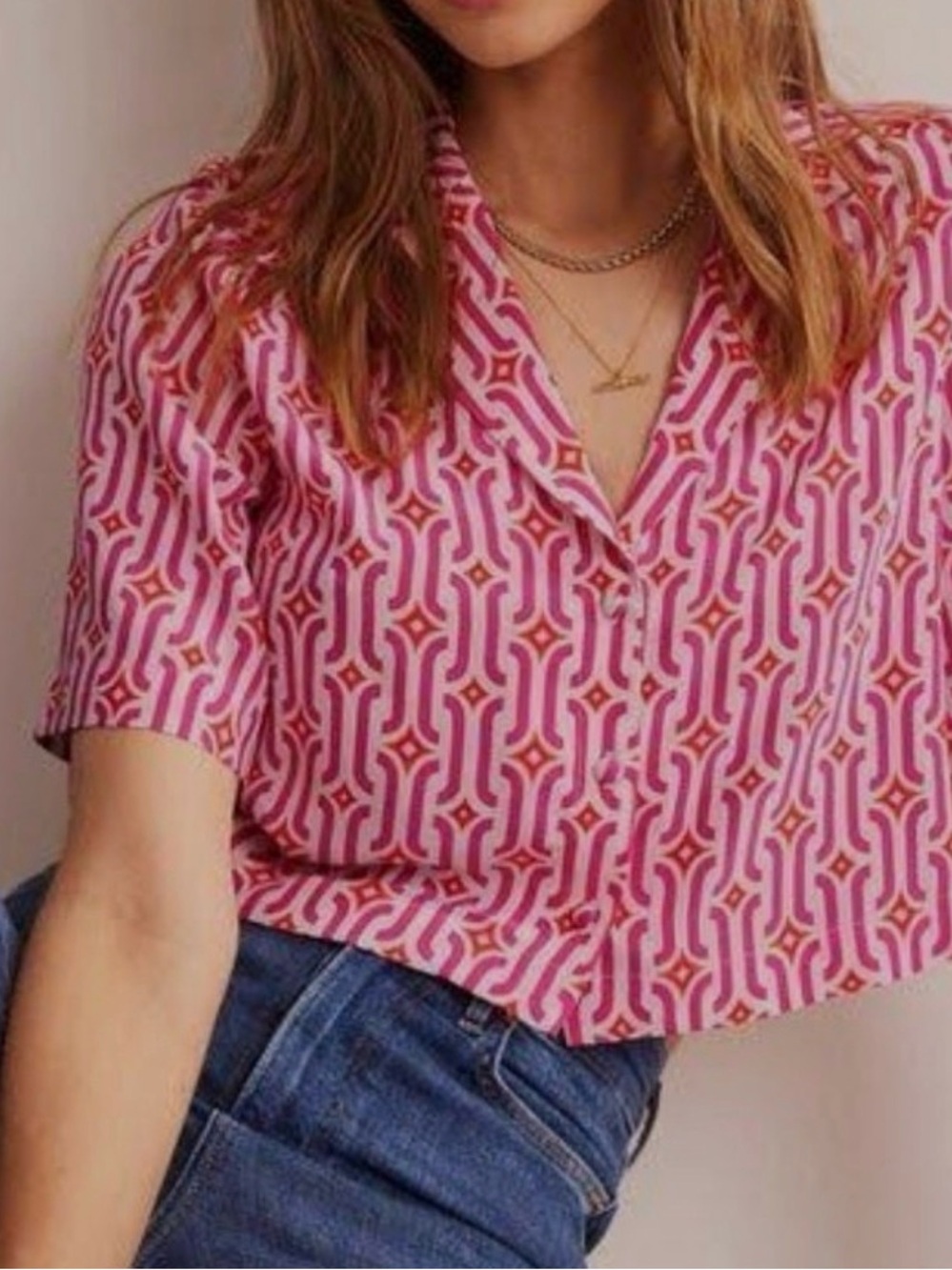 Boden Pink White Geometric Crop Button-Down Shirt